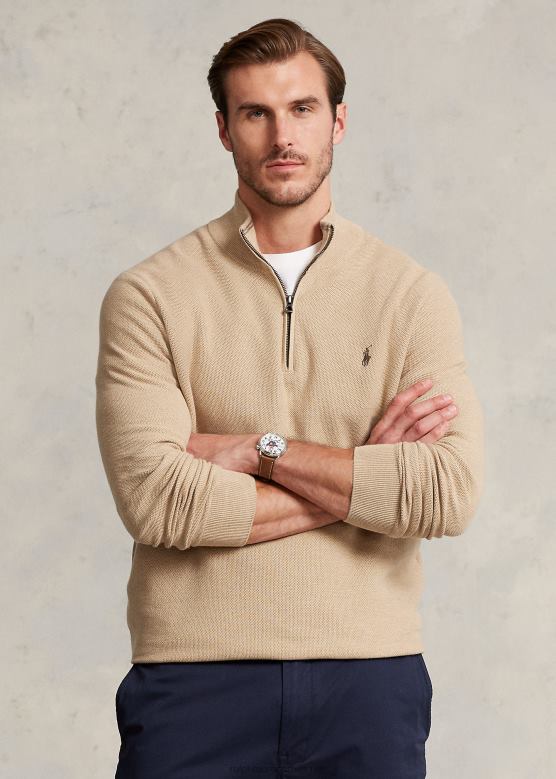 мушкарци Ralph Lauren мрежасто плетени памучни џемпер са четвртим патентним затварачем V2V441916 камил меланж