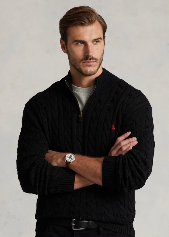 мушкарци Ralph Lauren плетени памучни џемпер на четвртине рајсфершлуса V2V441925 црн