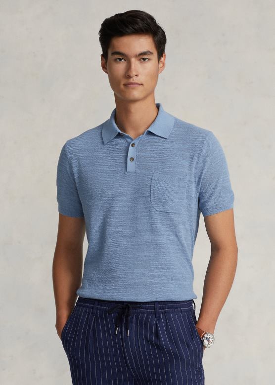 мушкарци Ralph Lauren памучно-ланени џемпер са поло овратником V2V44405 канал плави