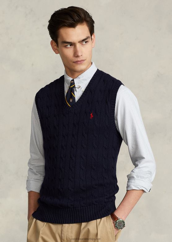 мушкарци Ralph Lauren плетени памучни џемпер прслук V2V44506 ловачка морнарица