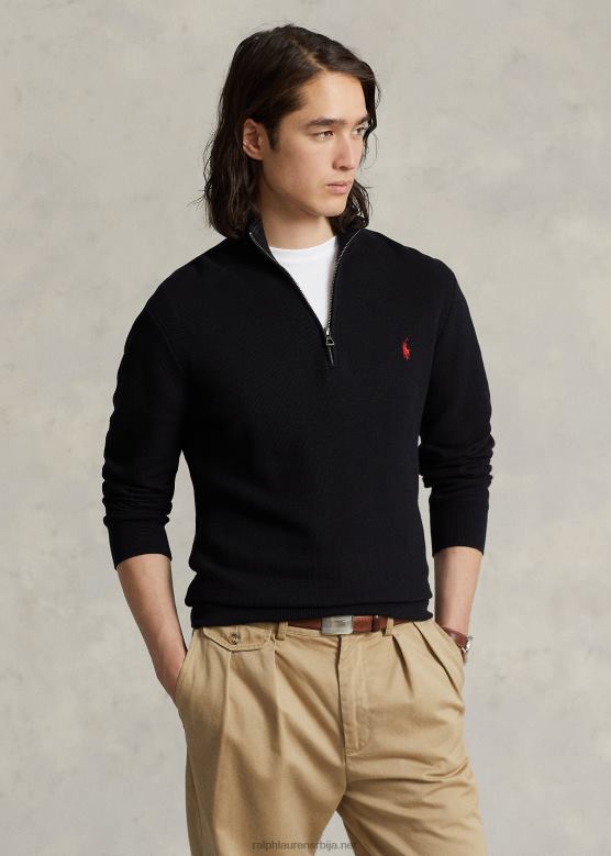 мушкарци Ralph Lauren мрежасто плетени памучни џемпер са четвртим патентним затварачем V2V44508 црн