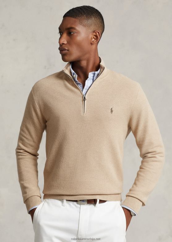 мушкарци Ralph Lauren мрежасто плетени памучни џемпер са четвртим патентним затварачем V2V44512 камил меланж