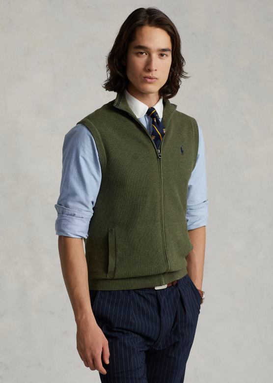 мушкарци Ralph Lauren памучни џемпер са пуним патентним затварачем V2V44781 класични маслинов хеатхер